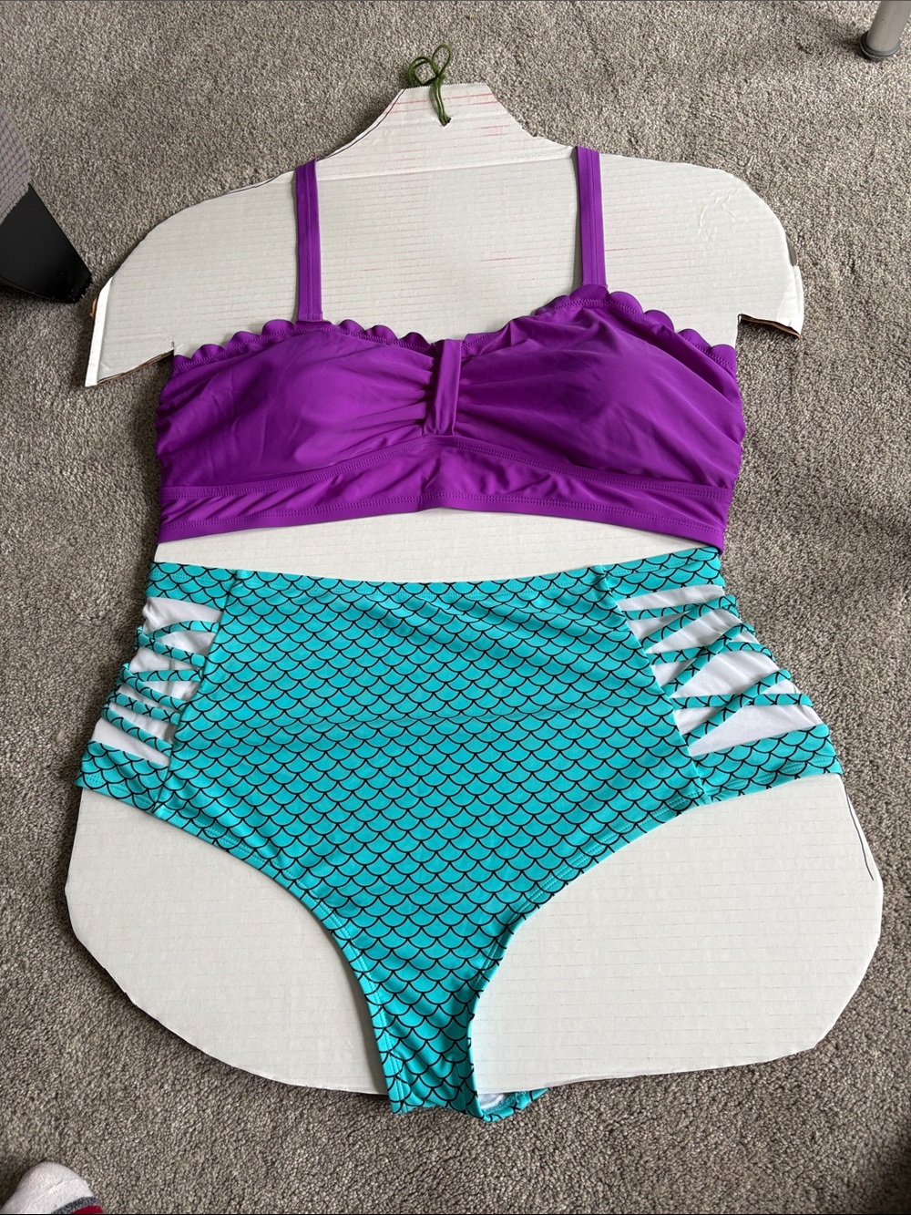 Purple Bikini Top with Teal Mermaid-Print High-Waist Bottoms